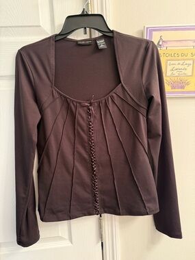 Express Chocolate Brown Long Sleeve Pleated Front Top